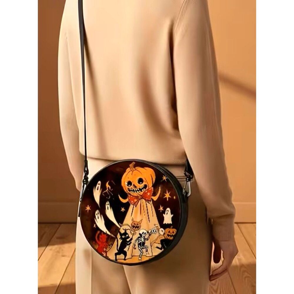Halloween Pumpkin Ghost Round Canvas Crossbody Backpack Bag Adjustable Strap